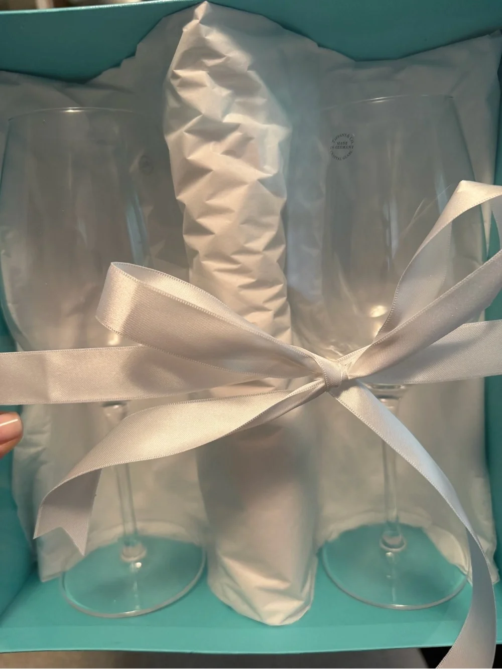 Tiffany & Co. Signature Blue Gift Box with Clear Stemmed Wine Glasses
